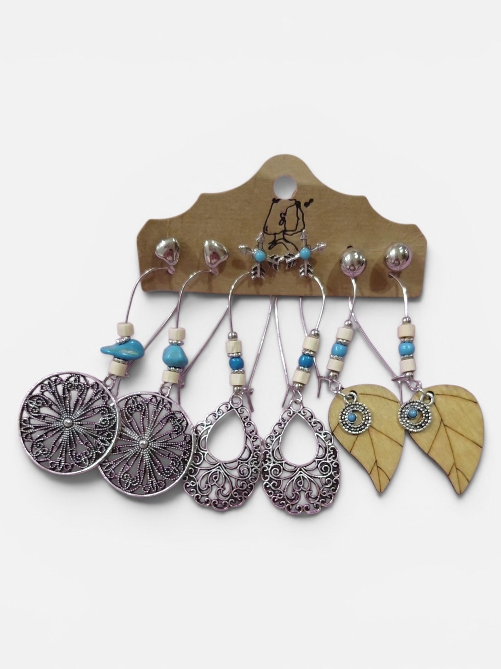 New Bohemian Mixed Earring Set in Faux Turquoise, Silver & Wood